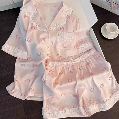 Sweet Cartoon Ice Silk Premium Lace Edge Pajamas Women'S Summer Short-Sleeved Suit Loungewear