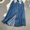 Runway Elegant Women Ruffled Collar Cowboy Shirt Dress New Vintage Summer Embroidey Flower Single Breasted Denim Long Dresses