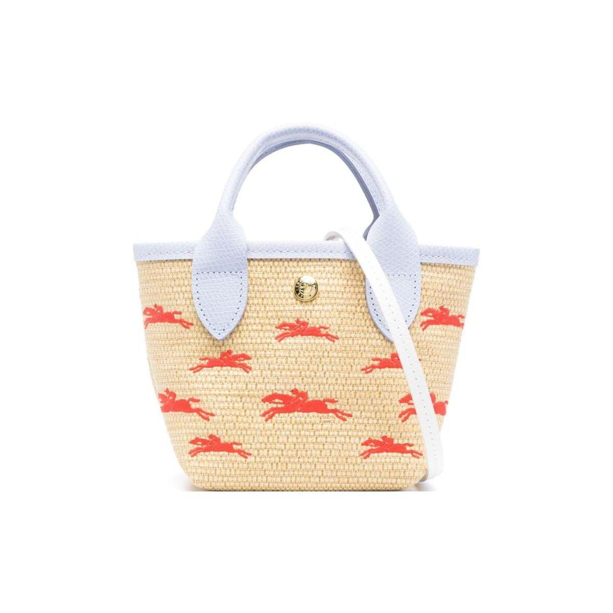 

Longchamp Le Panier Pliage Logo Snap Closure Woven And Leather Tote Bag Shopping Handheld Shoulder Crossbody Mini Women tote Beige Blue 10206HCFP79 Beige & Blue