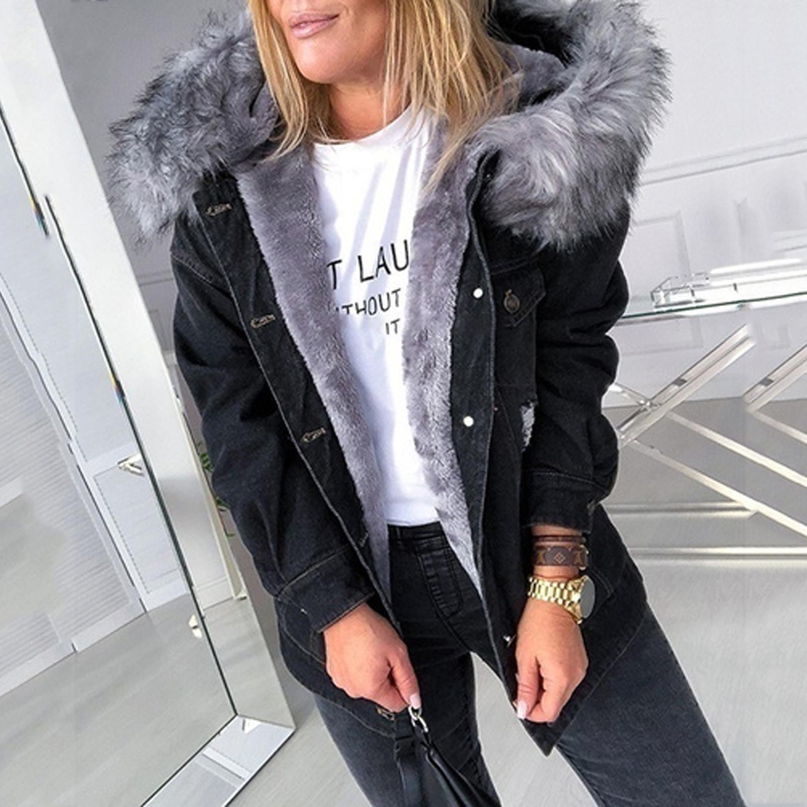 

Women s Add A Long - sleeved Denim Solid Color Coat With A Fur-trimmed Collar M чорний