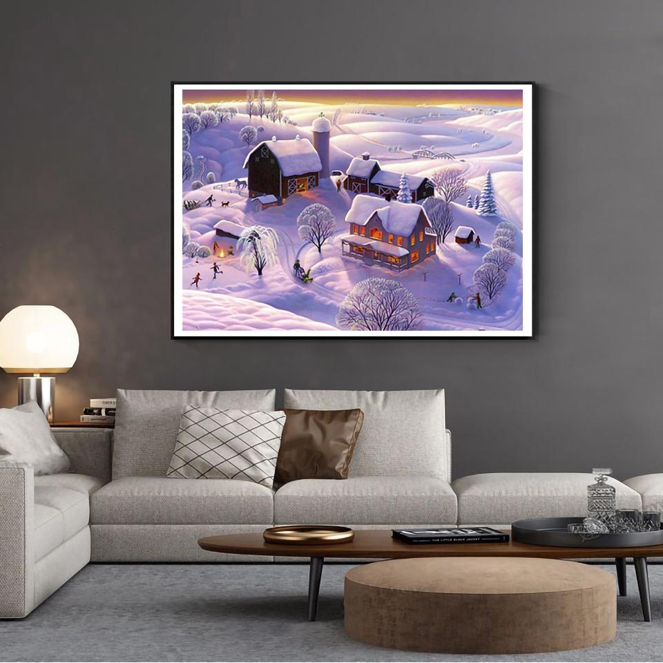 5D DIY Diamond Painting Landscape Winter House Full Round Rhinestone Embroidery Cross Stitch Kit Mosaic Picture Decoration Gift