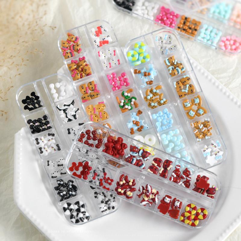 12 Bölmeli/Kutu Mini Fiyonk Tırnak Sanatı Süsleri 3D Sevimli Şeker Rengi Tırnak Takıları Tasarımları Kendin Yap Reçine Tırnak Aksesuarları