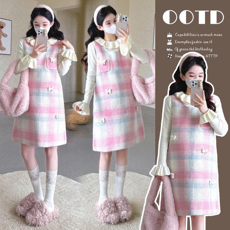 Autumn Winter Korean Style Sweet Plaid Maternity Vest Dress & Lace Sweater Set with Handmade Bowknot 2XL