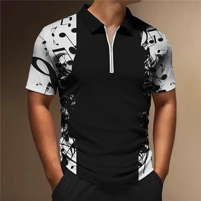 Men's Shirt Polo Casual Zip Short Sleeve Fashion Casual Zipper Summer Spring Regular Fit 3D Black Note Print Shirt