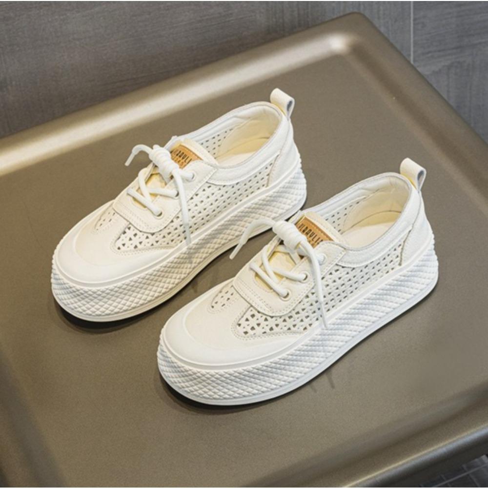Zapatillas para Mujer Primavera y Verano 2025 Nuevas de Color Sólido Casual Versátiles Transpirables Malla de Cuero Zapatos de Mujer con Suela Gruesa