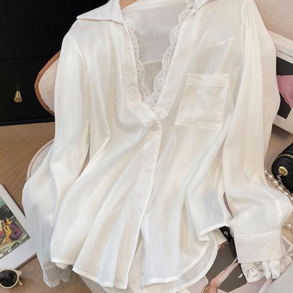 White Long Sleeve Blouses Women's Clothes Patchwork Lace Fashion Shirts See Through Oversized Sexy Tops