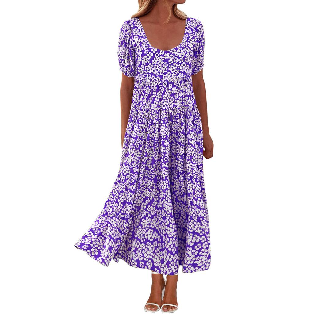 Casual Women's Summer Dresses Puff Sleeve Floral Maxi Dress Gathered Open Back Flowing Layered Beach Maxi Dress
