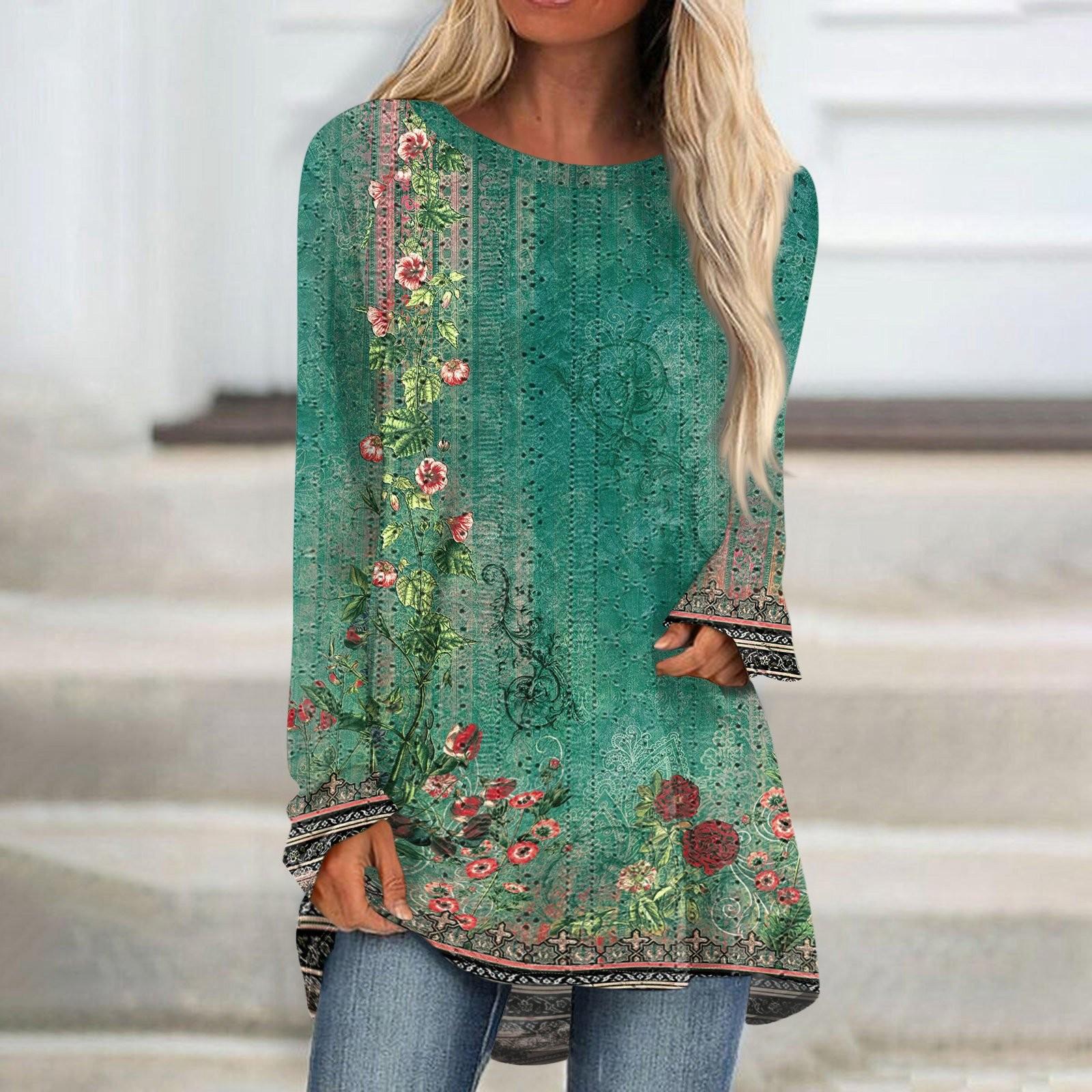 

Womens Tops Round Neck Long Sleeve Blouses Casual Mid-length Shirts Fashion Print Tunic Tops XXL