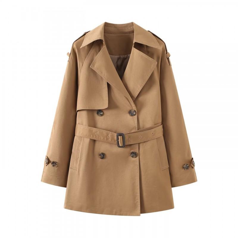 Womens Commuter Style V-Neck Slim Fit Mid-Length Trench Coat Solid Color Double-Breasted Long Sleeve