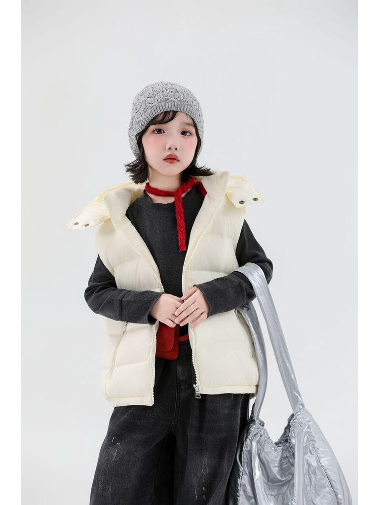 2025 Autumn/Winter Kids' Solid Color Hooded Thick Duck Down Vest