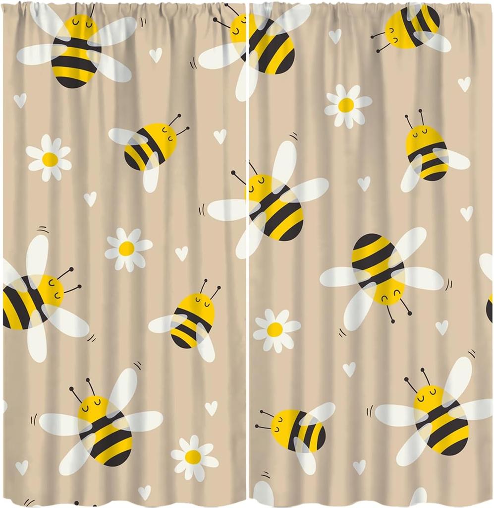 Rustic Honey Bee Curtains Honeycomb Daisy Floral Window Treatments Insulated Drapes Panel Sets Curtain With Rod Pocket Thermal Polyester