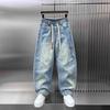 Drawstring Splicing Retro Washed Jeans Men's Korean Handsome Pants Spring Autumn Work Pants Men