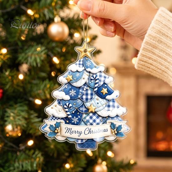 Indoor Seasonal Window Hangings Acrylic Christmas Tree Hanging Ornament, 2D Patchwork Print Cute Festive Decors Pendant with Merry Christmas, Holiday