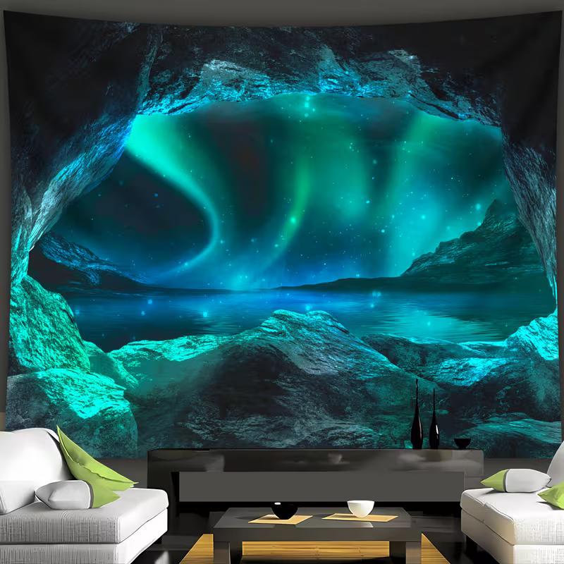 2D Northern Lights Cave Tapestry, Teal Sky Wall Decor