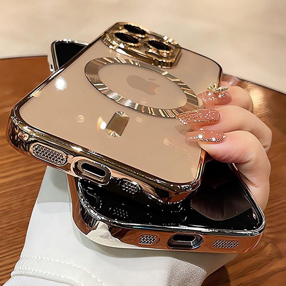 Luxury Magnetic Plating Clear Phone Case For iPhone 16 15 14 13 12 11 Pro Max 16 Plus For Magsafe Wireless Charging Cover Cases