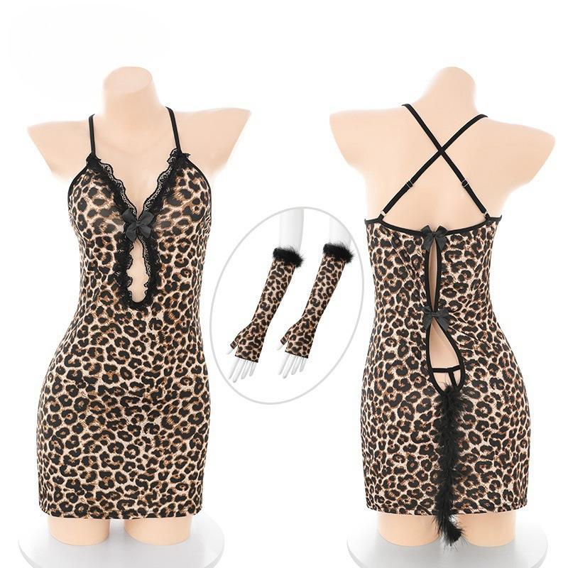 Sex Underwear Sexy Pure Desire Wind Leopard Print Nightclub Temptation Lace-up Hollow Hot