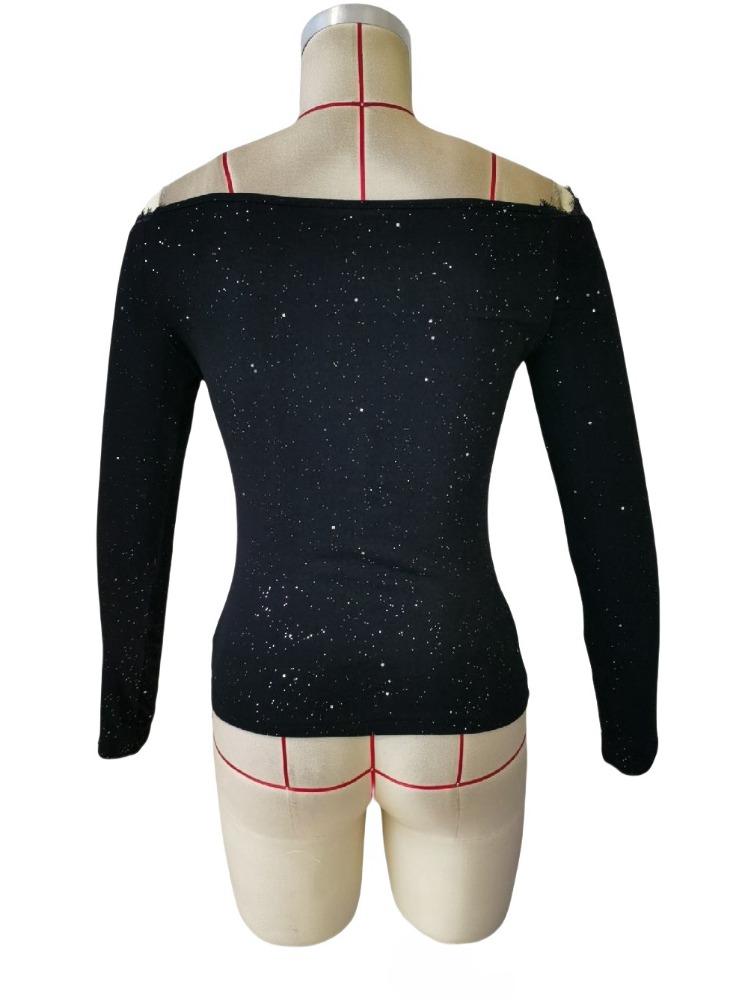 Spring Elegant Fixed Item Ladies Lace Splicing One-line Collar Strapless Long-sleeved T-shirt Versatile Closet Essential Fashion Items Shirt