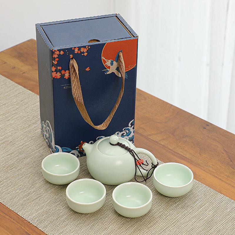 Ceramic Kung Fu Tea Set, One Pot, Two Cups, Four Cups, Accompanying Gifts for Real Estate Business Activities