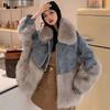 Thick Casual Denim Parka Coat with Faux Fox Fur Splicing for Women