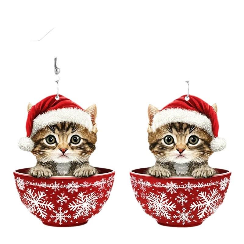 European and American Christmas Cat Snowflake Pendant Earrings – Double-sided Cartoon Women's Acrylic Fashion Jewelry