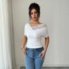 Women One Shoulder Lace Patchwork V Neck Irregular Short Sleeve Casual Top