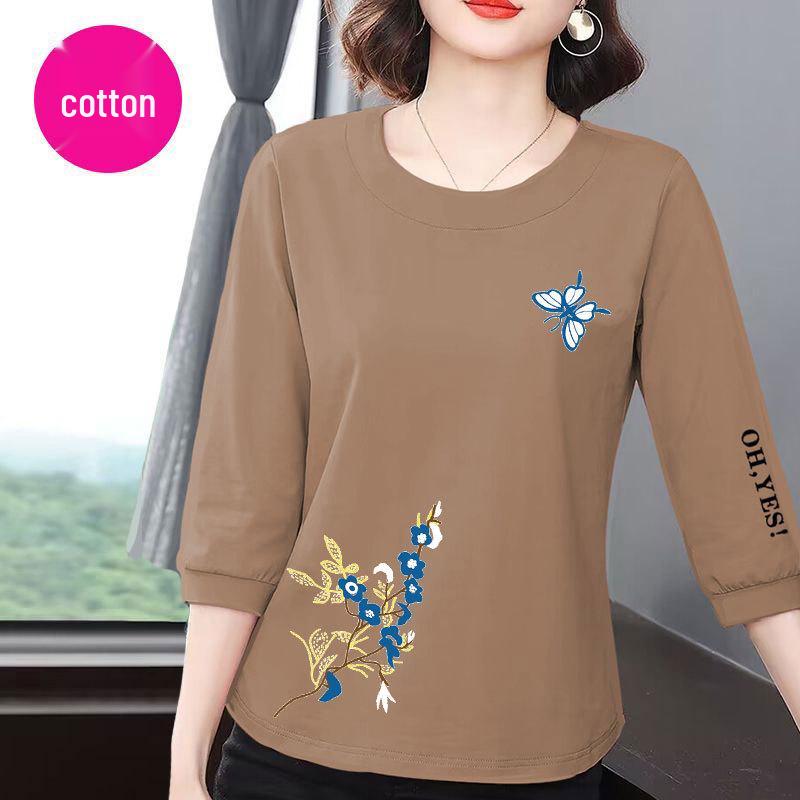 High-End Women's Cotton 7-Sleeve Summer T-Shirt 2025: Korean Style, Casual, Loose, Slimming, Belly-Covering, Versatile Top