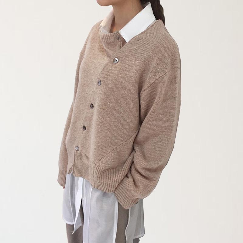 Spring Korean Style Asymmetrical Button Cardigan - Round Neck Knit for Women