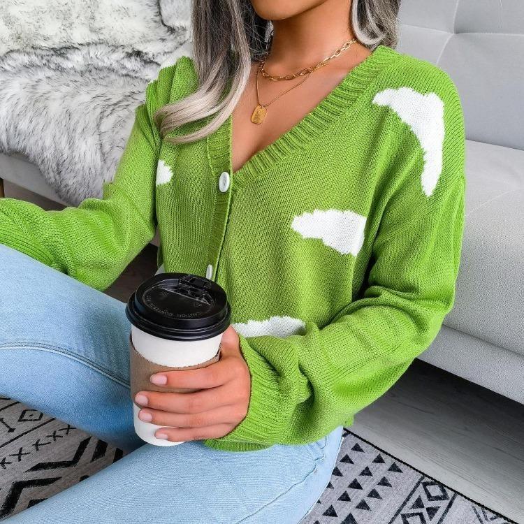 Women Autumn Winter Knitted Cardigan Long Sleeve V Neck Printed Single Breasted Sweater