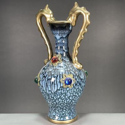Antike Jun Porzellan Sammlung Song Dynastie Vergoldeter Edelstein Doppeldrachen Keramikvase Dekoration Heim Wohnzimmer Ornamente