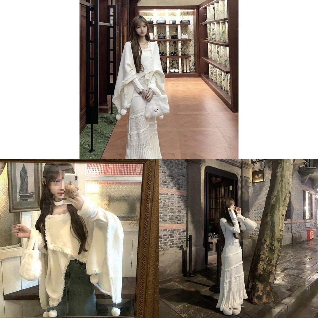 Chinese Style Autumn Winter Sweater Dress Set With Abstract Print For Elegant Women