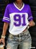 American Style Women‘s NO. 91 Print Fashion Comfortable Lightweight Breathable V-Neck Short Sleeved Baseball T-Shirt Tops Tee