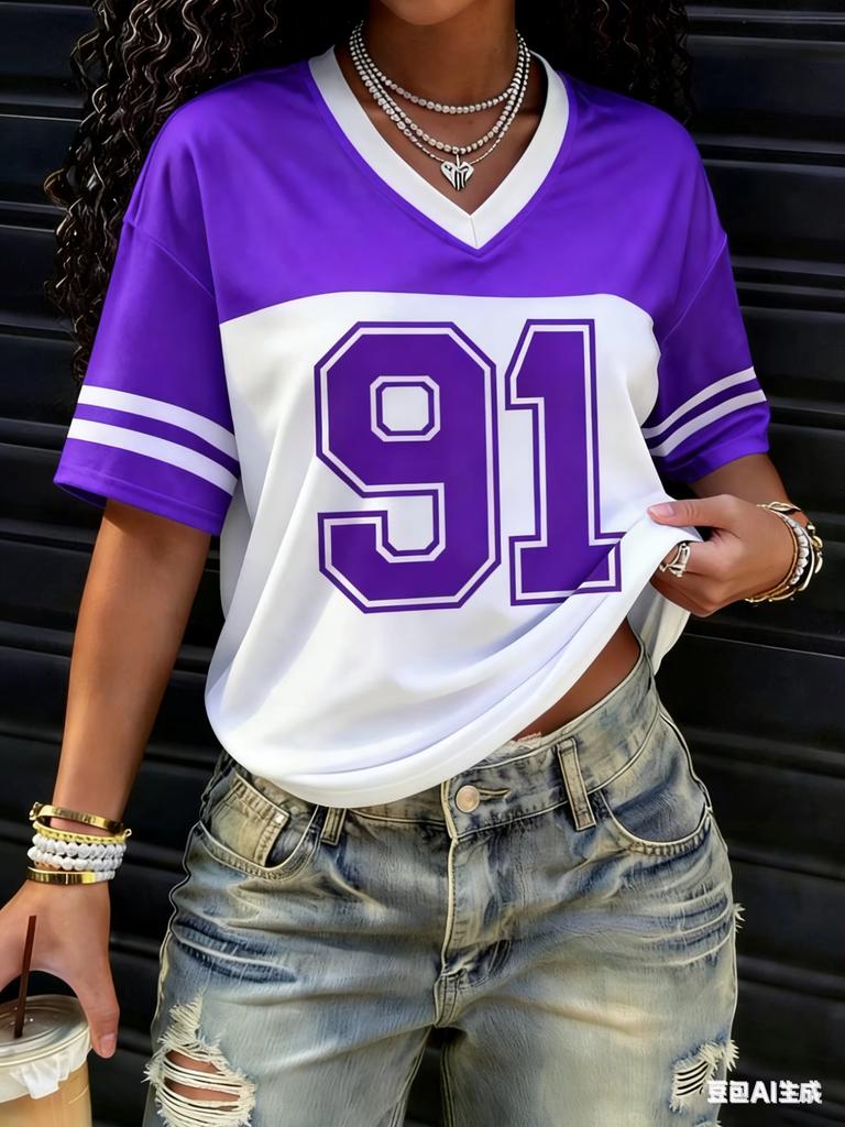 American Style Women‘s NO. 91 Print Fashion Comfortable Lightweight Breathable V-Neck Short Sleeved Baseball T-Shirt Tops Tee