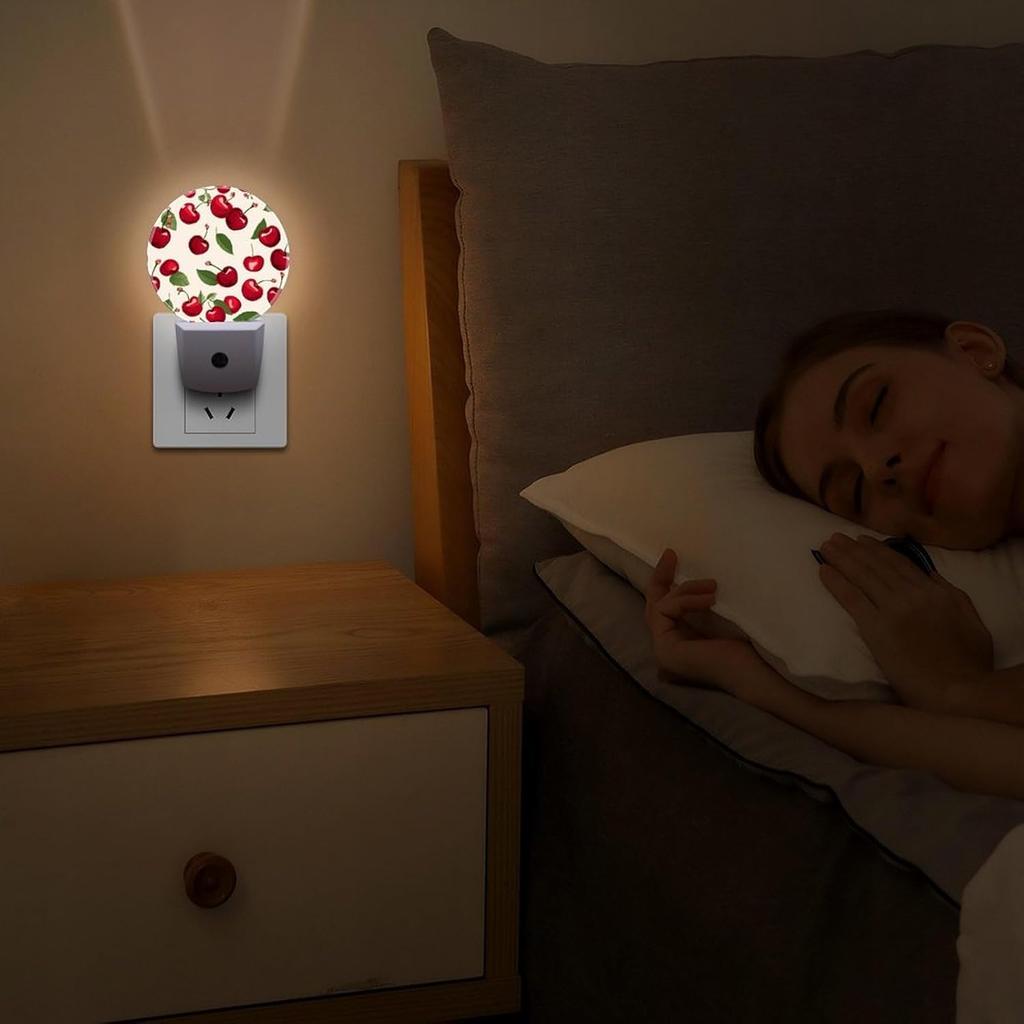 Red Cherry Pattern Night Light Plug-in Wall NightLights with Dusk to Dawn Sensor, LED Auto-On/Off Nightlight for Bedroom, Bathroom, Hallway,