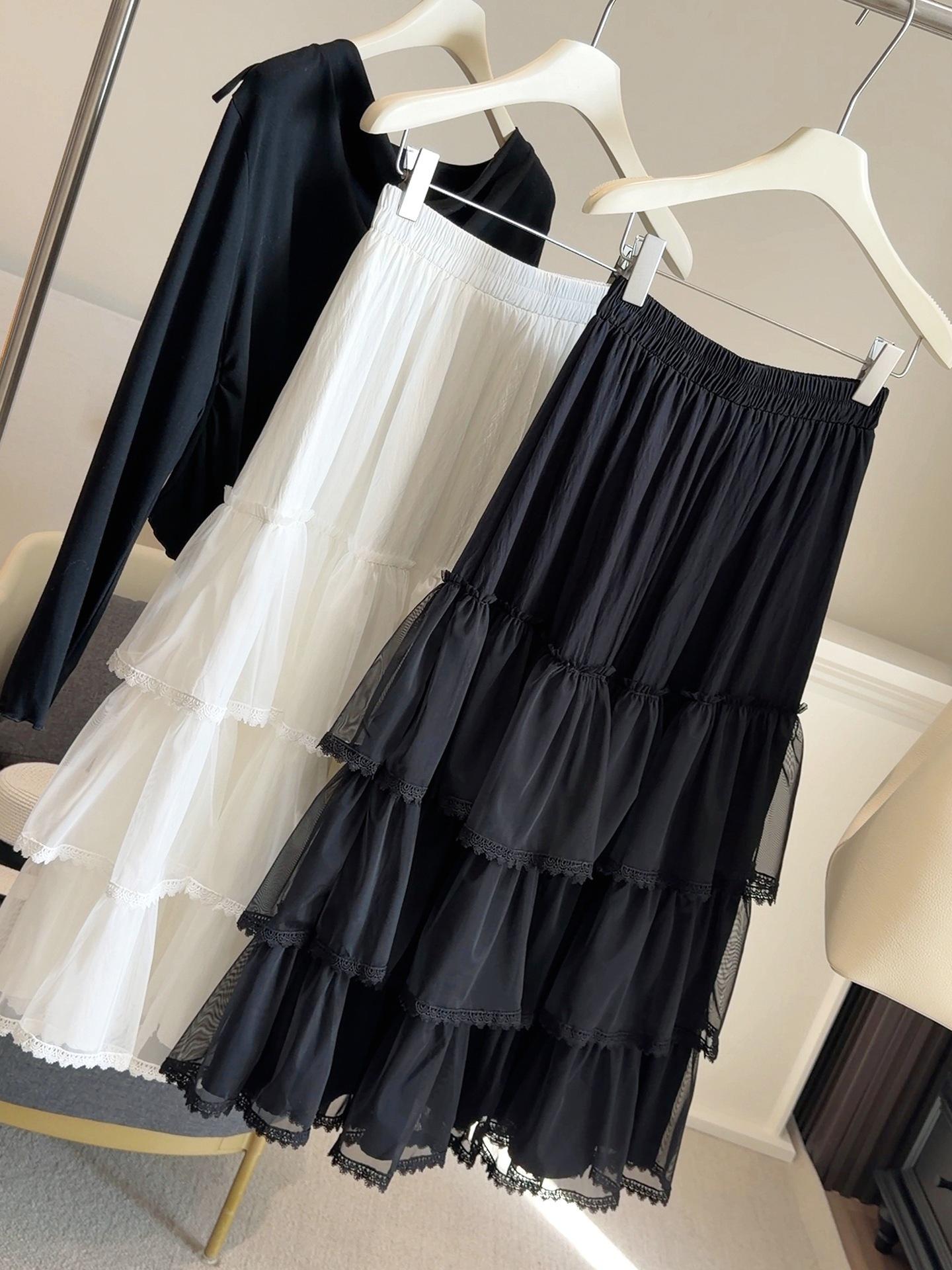 Spring/Summer Lace Patchwork Mesh Puffball Skirt - High Waist A-line Gauze Layered Skirt One Size чёрный