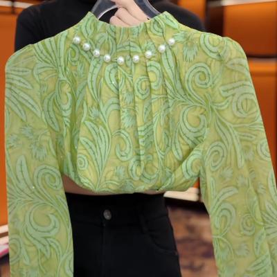 Women's Beaded Stand Collar Shirt Autumn Loose-Fit Printed Blouse