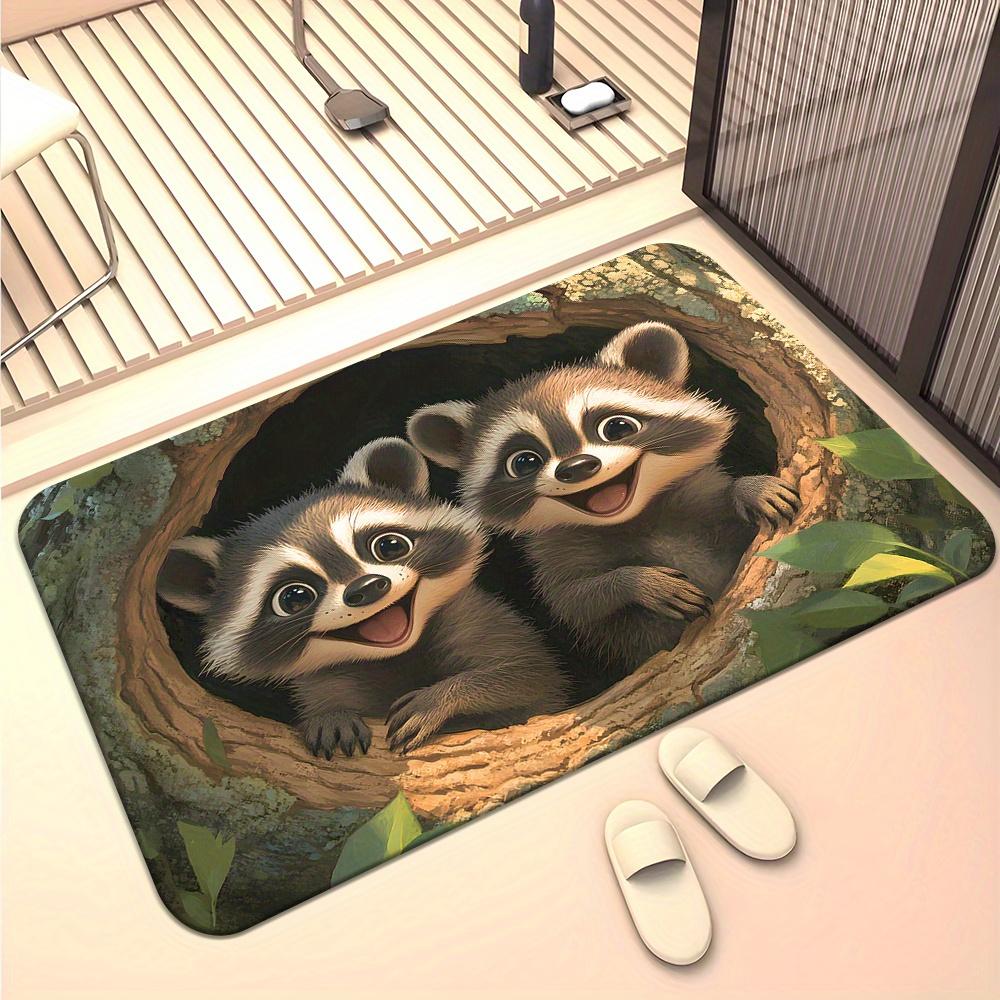 Niedlicher Waschbär Fußabtreter, Lustiger Tier Eingangsteppich, Rutschfester Cartoon Bodenmatte, Natur Wildtiere Heimdeko für Eingangsbereich 50x80cm black