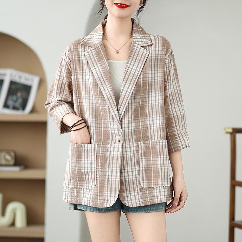 

DIMANAF 2025 Women Spring Summer Coat Blouse Long Sleeve Buttons Plaid Fashion Loose New Jackets 2XL абрикосовый