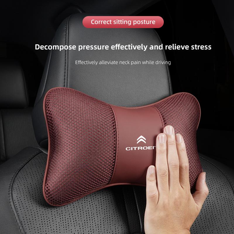 Car Headrest Pillow Leather & Ice Silk Fabric Neck Support For Citroen C3 C5 C5X C4 e-C4 X e-C3 C-Elysee Berlingo C1 Keychain ait256