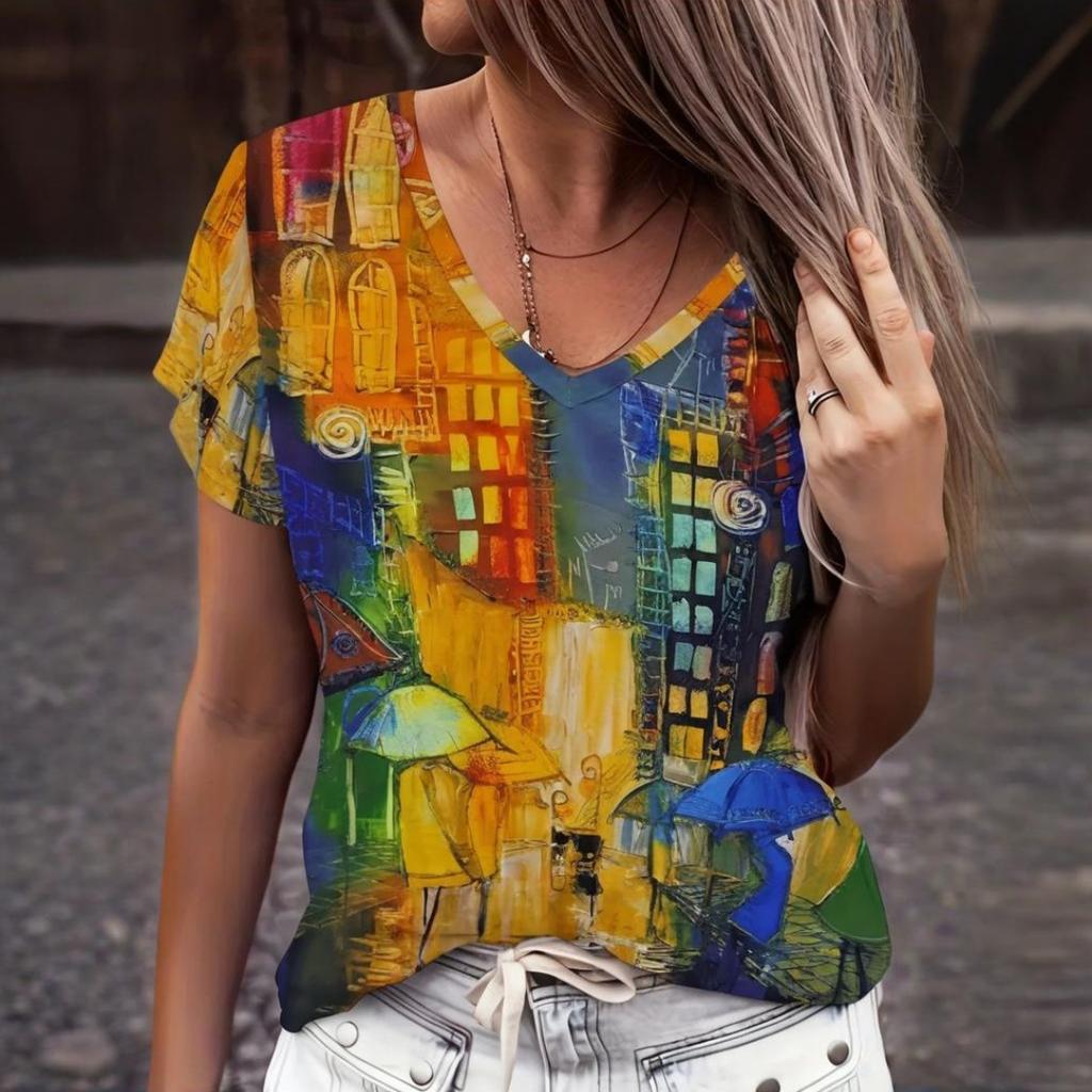 Summer Colorful Heart 3D Print T-shirt Women Streetwear Casual T Shirts Y2k Tops Woman Harajuku V-Neck Tees Oversized Clothing