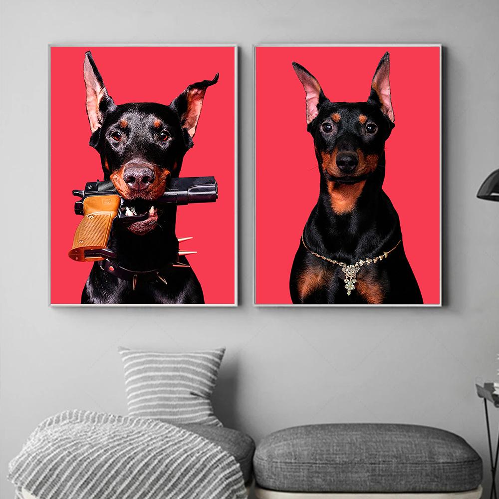 Hypebeast Modern Black White Doberman Gun Luxury Fashion Poster Prints Canvas Painting Wall Art Picture Nordic Room Home Decor