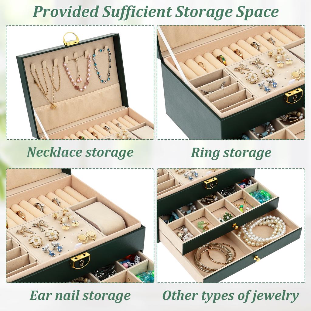 3 Layer Jewelry Box PU Leather Jewelry Organizer Storage Box with Key Tabletop Display Case for Women Earring Necklace Bracelet
