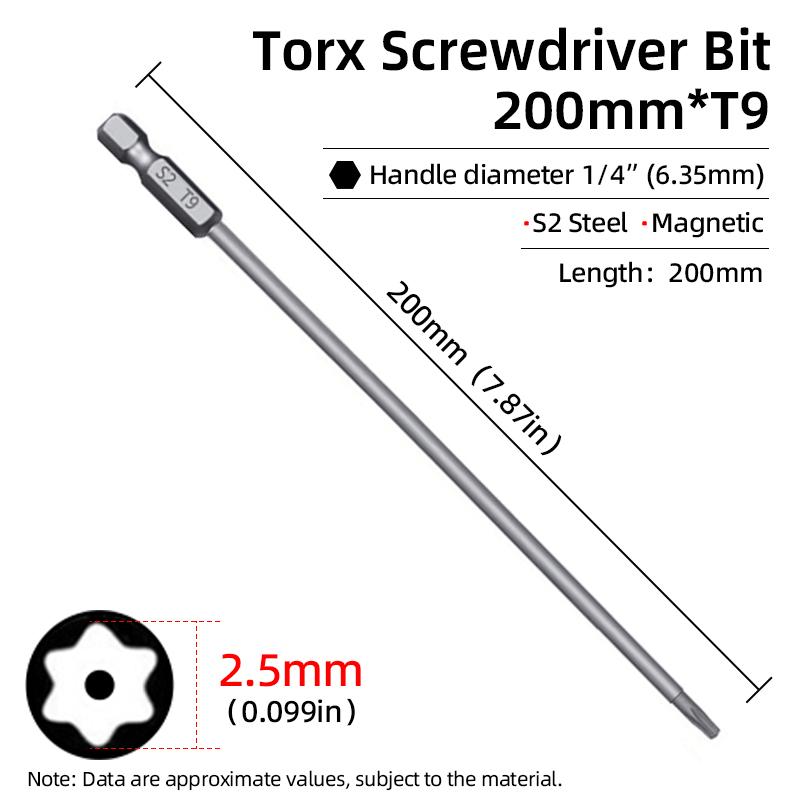 200mm Torx Screwdriver Bits Magnetic Hollow Plum Blossom Head S2 Steel Security Bit T6-T40 1/4'' Hex Shank Hand Power Tools