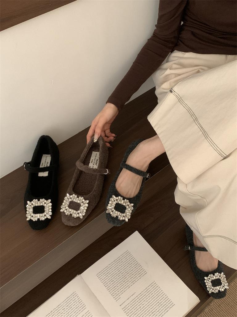 Xiaoxiangfeng Woolen Rhinestone Square Head Fluffy Mary Jane Shoes Women's Autumn and Winter Velvet Cotton Shoes Middle Heel Ladyshoes Women's Single