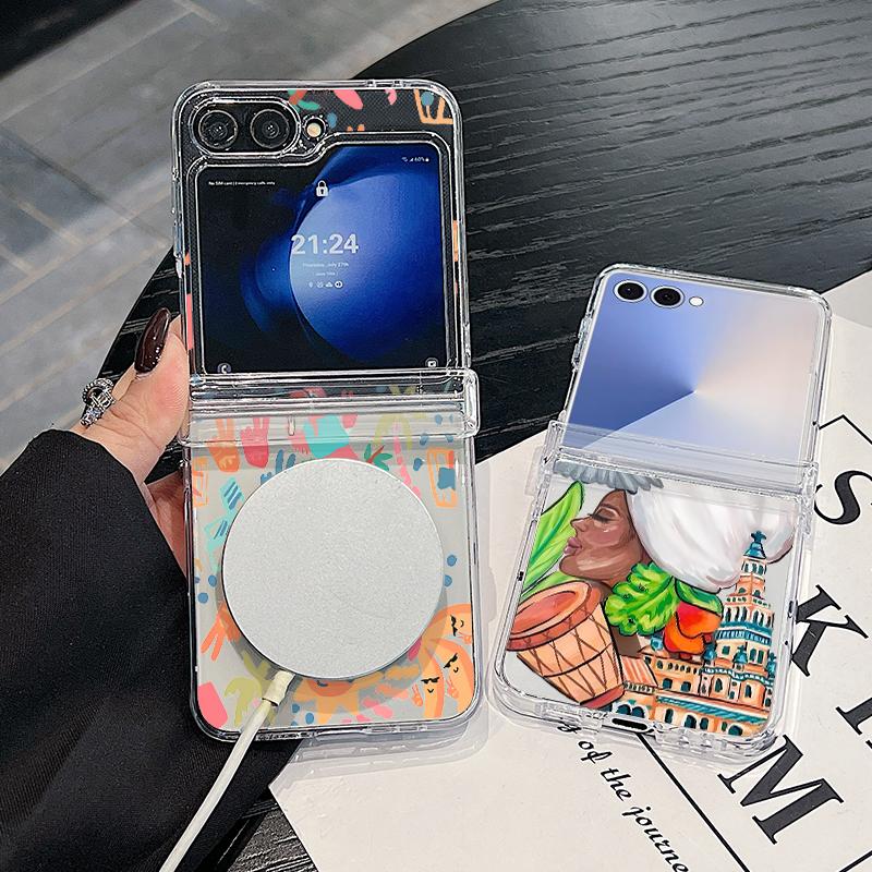 Magnetische Handyhülle Für Samsung Galaxy Z Flip 7 FE 7 6 5 4 Flip7 Flip6 Flip5 Für Magsafe Abstrakte Kunstgemälde Klare PC-Abdeckung