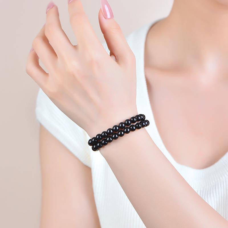 Natural Black Obsidian Beaded Bracelet - Unisex, Double-Layer Design