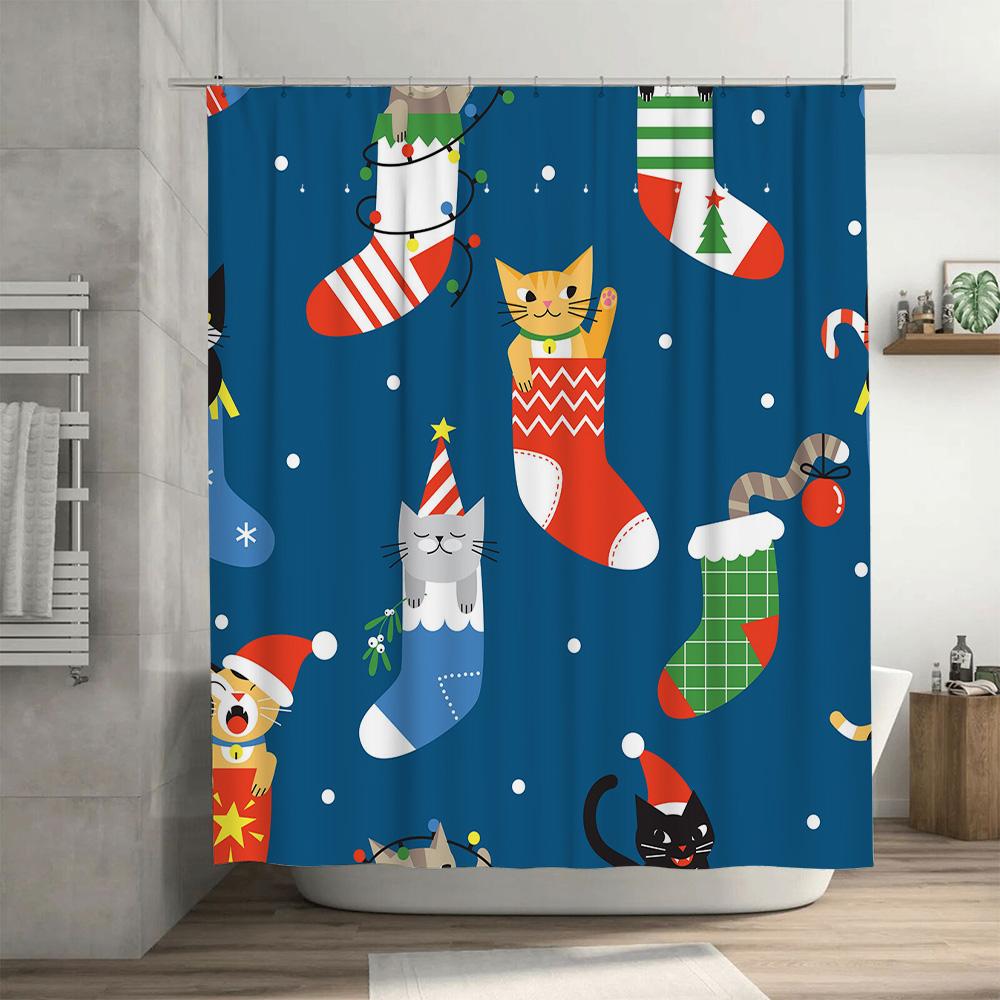 Blue Shower Curtain with Christmas Stockings and Cats Festive Bath Decorations for Bathroom
