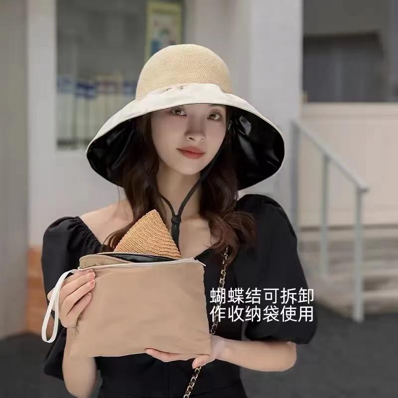 Sunscreen hat women's new vinyl pocket storage bucket hat summer UV protection sun hat bow sun hat