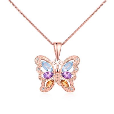 925 Sterling Silber Schmetterling Anhänger Halskette mit natürlichen bunten Edelsteinen Topas Citrin Amethyst Geburtsstein edler Schmuck