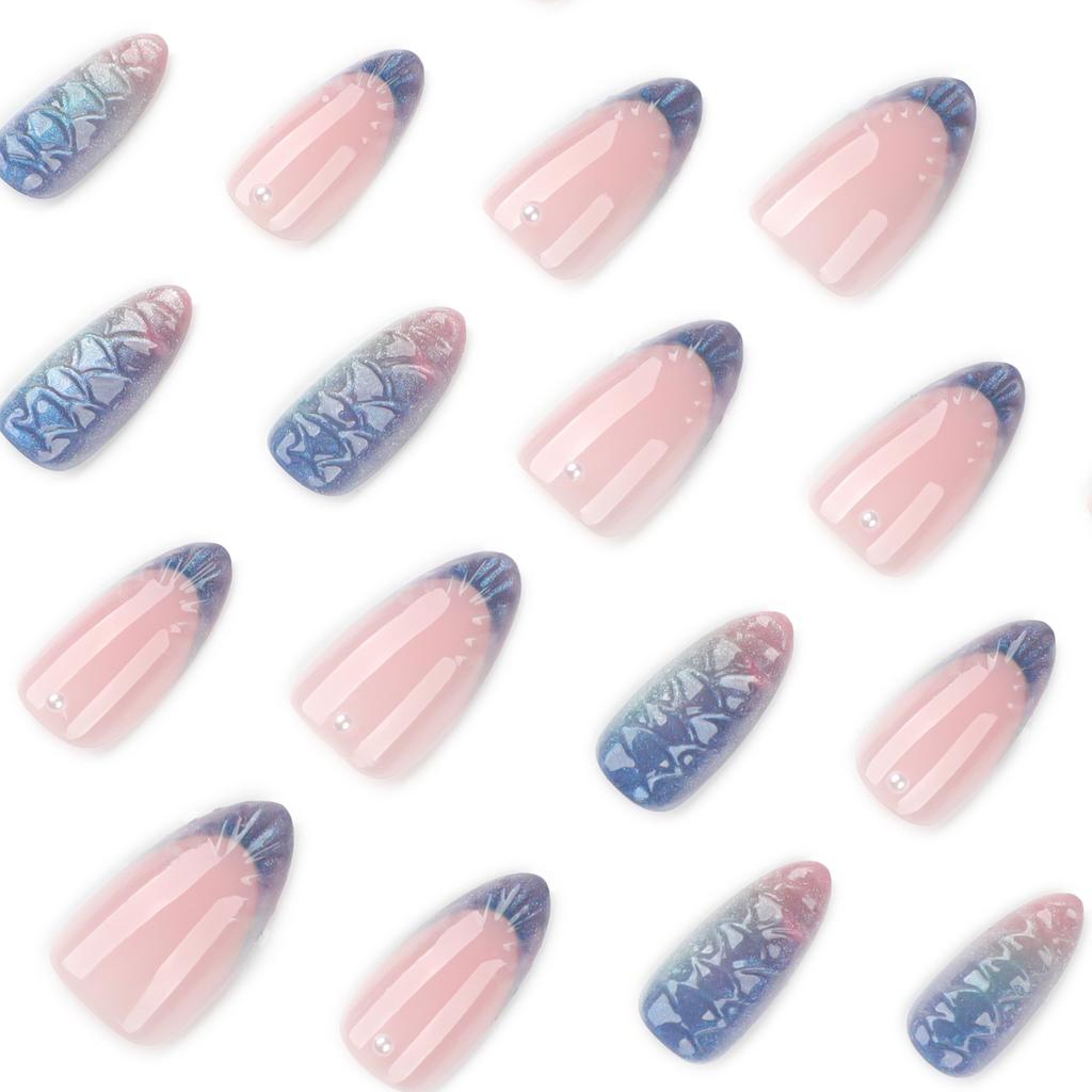 24PCS Short Almond Press on Nails Glitter Purple Gradient French False Nails 3D Patterns Fake Nail Tips Art Wearable Full Cover