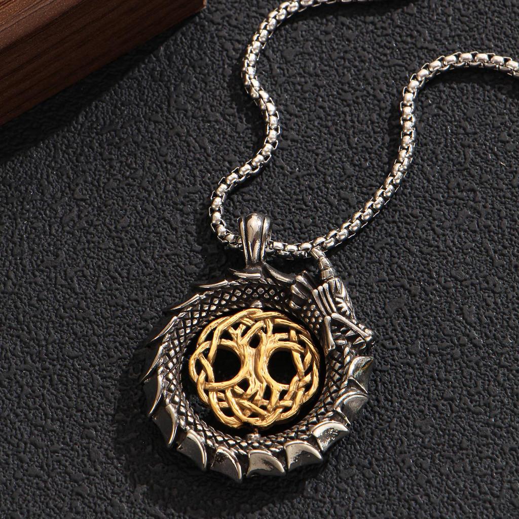 Stainless Steel Ouroboros Tree of Life Pendant Necklace